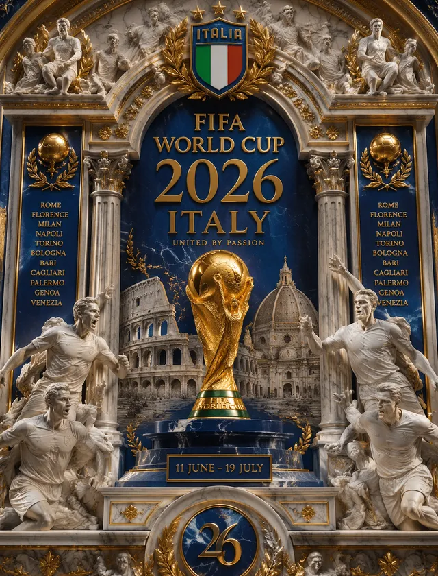 Ultra-detailed 3D baroque poster, Italy World Cup 2026, FIFA trophy centered in marble-gold frame, deep azure and white palette, ornate Rena