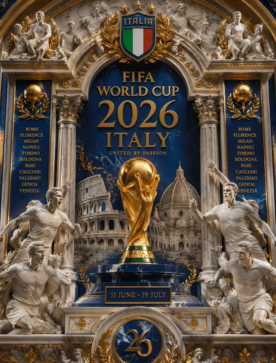پرامپت طراحی با چت جی پی تی GPT Image : Ultra-detailed 3D baroque poster, Italy World… - ساخته‌شده با چت جی پی تی GPT Image