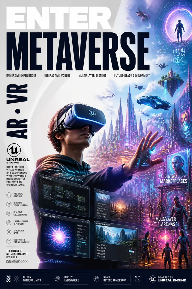2:3 aspect ratio. Epic stylized futuristic advertising poster featuring a premium VR headset projecting an enormous immersive digital univer