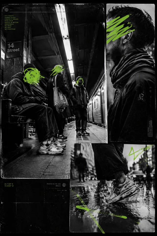 Fragmented editorial collage composed of three images with different crops, arranged like an underground city poster layout on a deep black