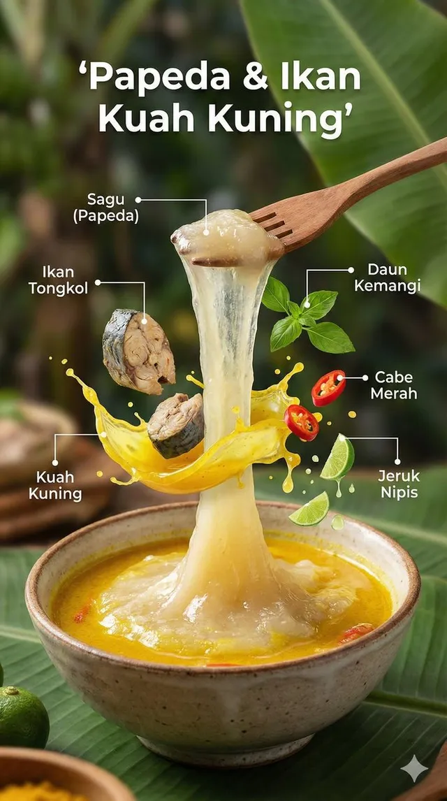 Ultra-realistic cinematic food photography of a traditional Indonesian dish, presented as a floating ingredients infographic. The finished d