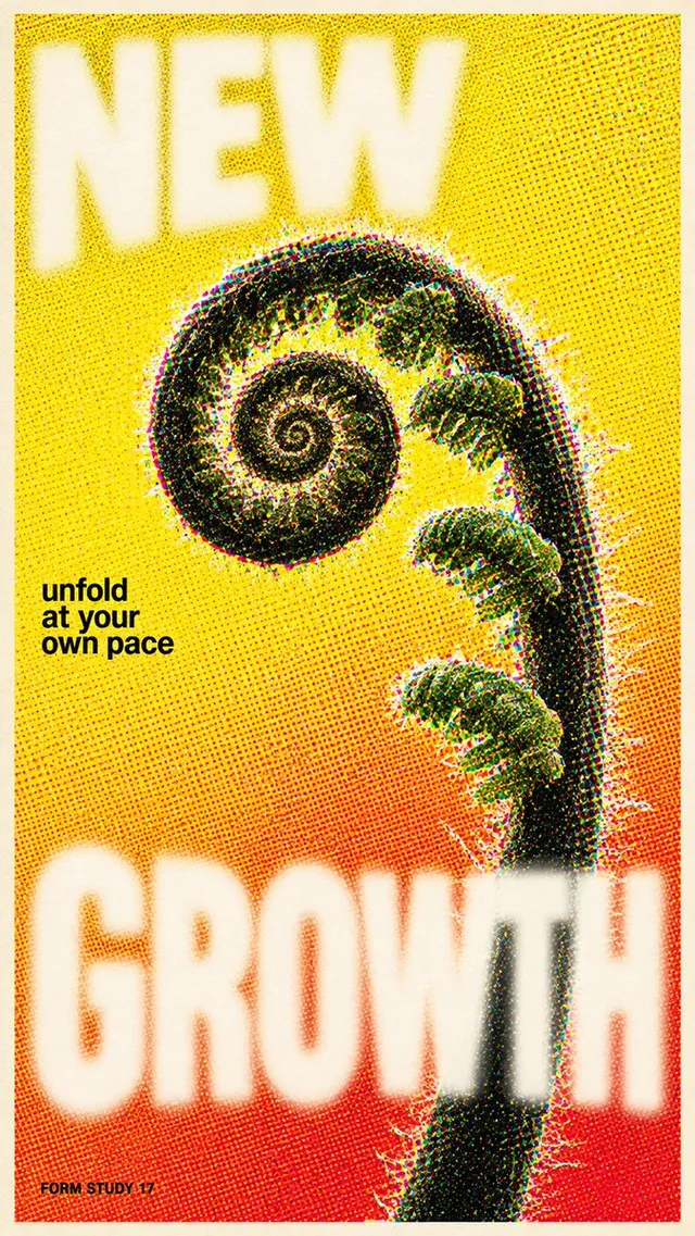 Create a finished experimental editorial poster, 9:16, flat artwork with a thin cream paper edge. Ordered CMYK halftone photography, milky d