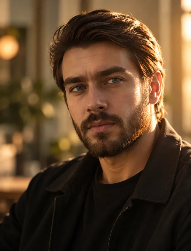 [UPLOAD YOUR IMAGE] A bearded man with swept-back medium-length brown hair turns slightly toward the camera, his blue eyes directed past the