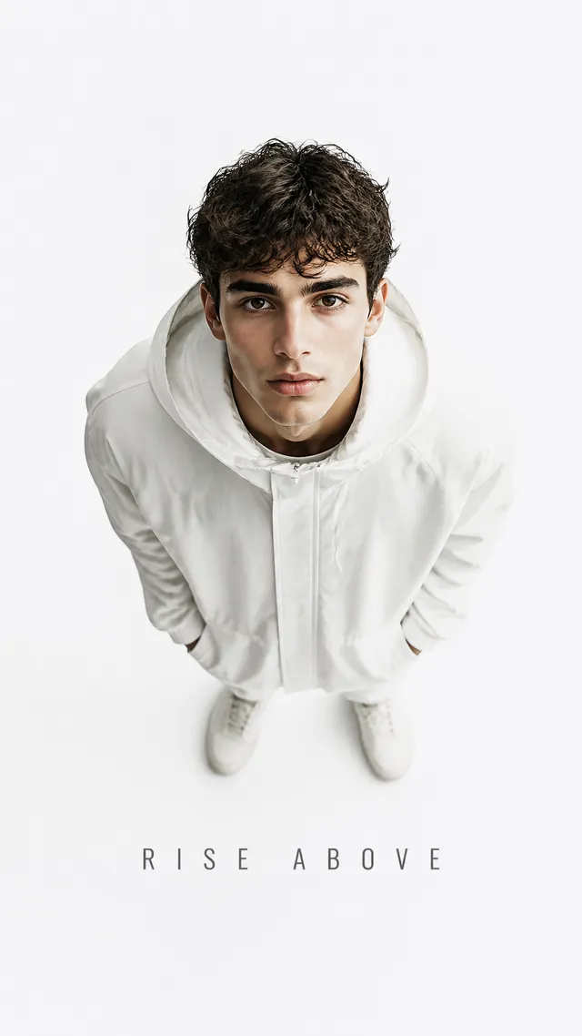 Luxury editorial portrait.
Main Subject: Young male model wearing a matte white oversized jacket.
Pose: Looking directly upward with relaxed