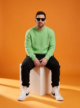 پرامپت عکاسی با نانو بنانا جمینای : A stylish male model sitting on a white cube… - ساخته‌شده با نانو بنانا جمینای