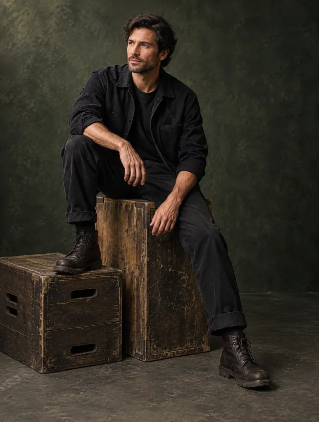 A contemplative adult man sits diagonally on a tall, worn wooden crate, one leg extended toward the floor and one hand relaxed over his knee