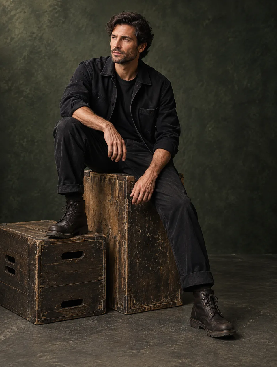 Photography prompt with ChatGPT GPT Image : A contemplative adult man sits diagonally on a tall, worn…