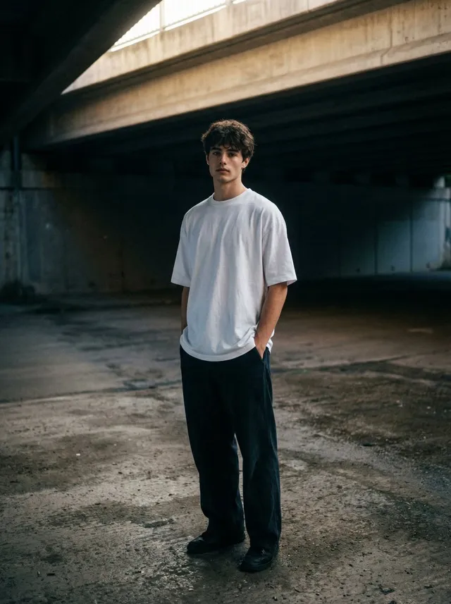 A moody, urban portrait of me standing under a desolate concrete overpass, the harsh architectural lines framing a lone figure. I'm wear ing