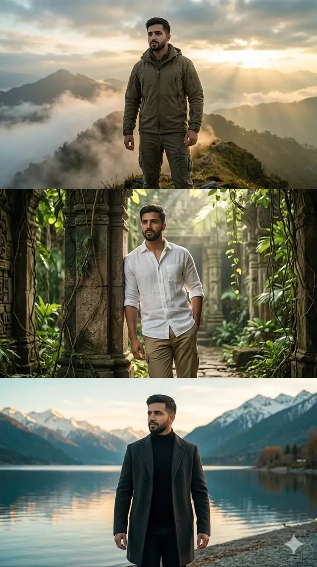 Create a hyper-realistic three-panel vertical cinematic collage in 9:16 aspect ratio, editorial fashion photography style. The collage consi