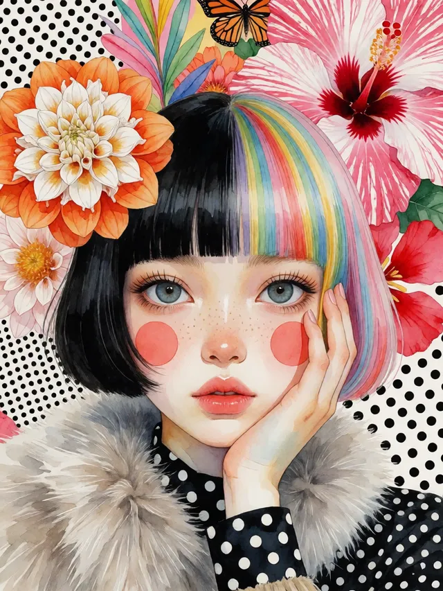 超精细数字绘画少女肖像，正面脸部特写构图，大而有表现力的蓝灰色眼睛带长睫毛直视观众，苍白的皮肤上鼻梁和脸颊可见雀斑，脸颊两侧有两个圆形珊瑚粉色腮红圆点，微张的粉唇，左手轻轻托住左脸颊露出美甲（袖口可见黑白波点图案），黑色短发波波头齐刘海（左半边纯黑，右半边为粉彩彩虹竖条纹），背景