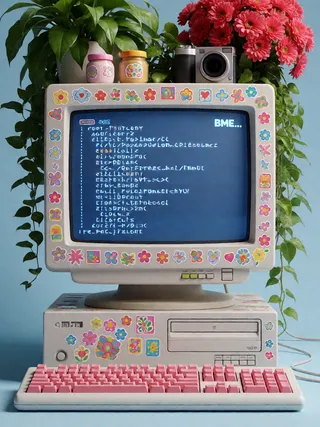 پرامپت پس‌زمینه با Agnes 2.5 Flash: 3D渲染的复古Y2K电脑装置，复古米色CRT显示器配蓝色屏幕显示无法辨认的伪代码文本，白色PC… - ساخته‌شده با Agnes 2.5 Flash