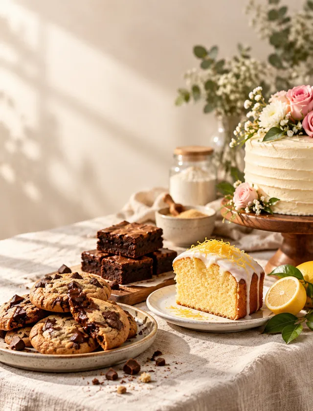 A premium, natural-light food photography shot featuring a beautiful arrangement of the signature baked goods from image_38.png on a texture