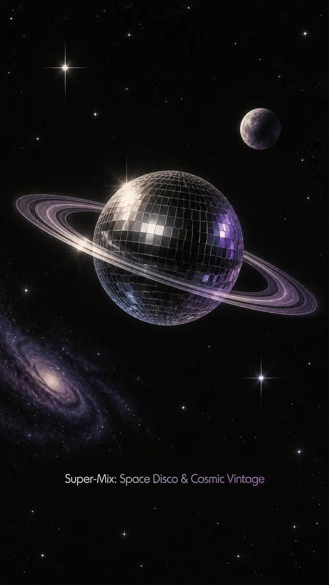 Crea una grafica dal gusto Space Disco e cosmic vintage, con sfondo nero profondo attraversato da una delicata dispersione di stelle minute