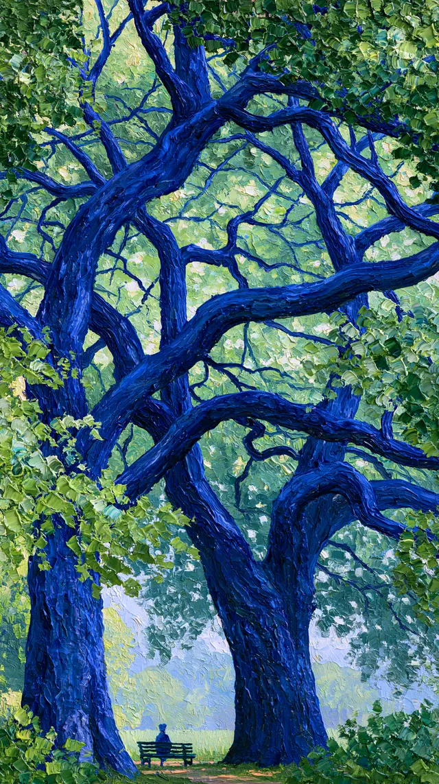 Vertical landscape oil painting, impasto thick paint texture, palette knife painting technique, three huge deep cobalt blue ancient trees as