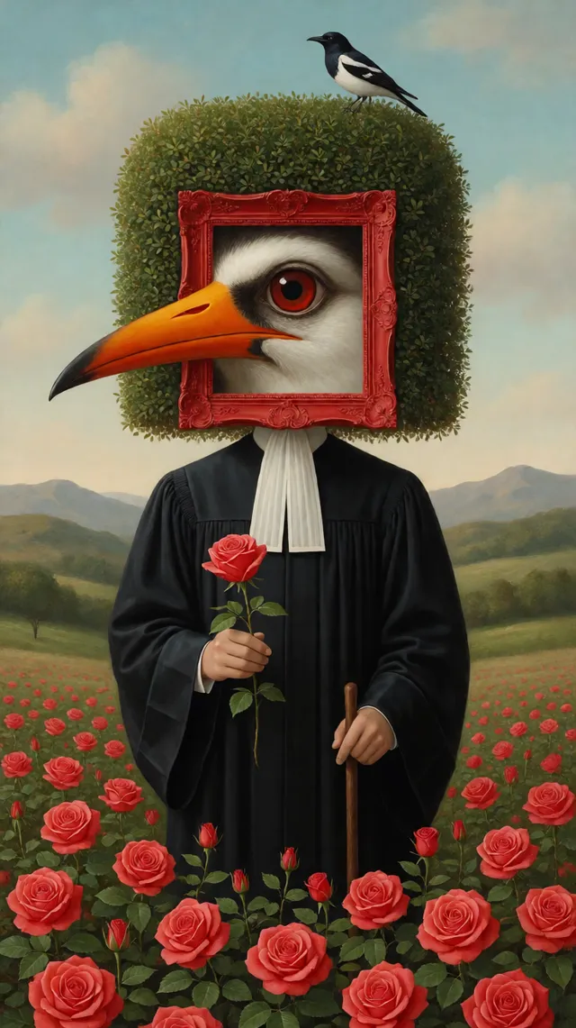 超现实主义油画，风格类似Mark Ryden和René Magritte，中心人物为无面男子身穿黑色法官长袍配白色领巾，头部被一个红色华丽画框取代，框内有一只巨大的写实人眼（红色虹膜）和长长的橙色鸟喙，浓密的绿色树篱像头发一样生长在画框周围，一只黑白鸟停在树篱头顶，人物左手持一朵
