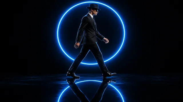 A sharply dressed male performer strides in profile across a seamless black studio, captured mid-step with one leg extended and arms natural