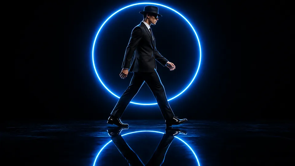 پرامپت پس‌زمینه با چت جی پی تی GPT Image : A sharply dressed male performer strides in… - ساخته‌شده با چت جی پی تی GPT Image