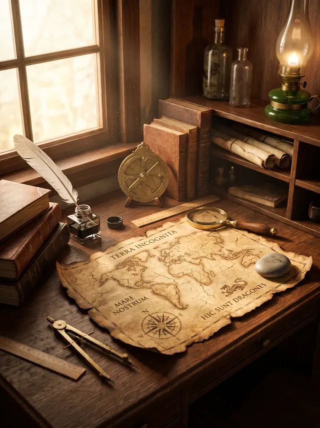 Cinematic still life of an ancient explorer's wooden desk bathed in warm golden window light from the left. A large aged parchment map with