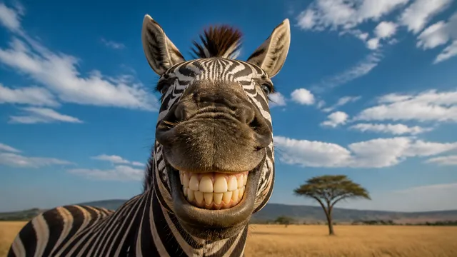 An ultra-realistic nature photograph of a zebra with a wide, human-like smile, featuring perfectly aligned upper and lower human teeth. The
