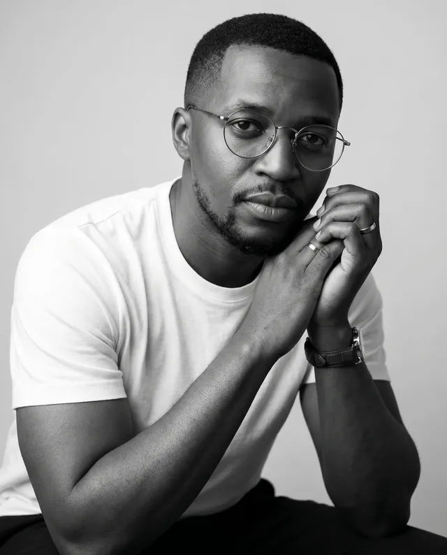 high-end black and white indoor studio portrait of the same person as the reference image. [use the attached portrait as identity reference;