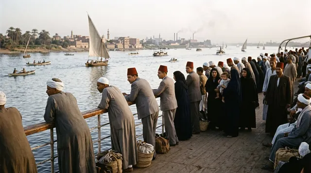 candid photograph, 1940 Egypt, taken from the deck of a bustling Nile ferryboat. A side-profile view of passengers , including families, wor