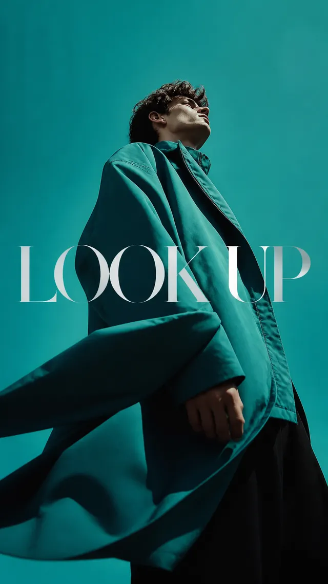 Luxury editorial campaign.
Main Subject: Male model wearing teal oversized jacket.
Pose: Looking upward with wind naturally moving the jacke