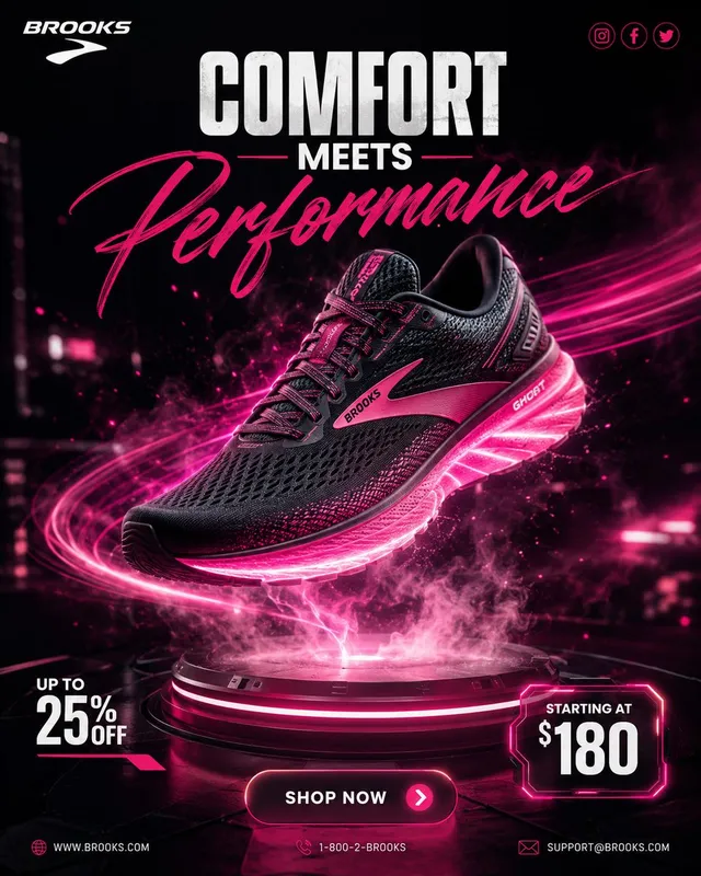 Ultra realistic premium commercial advertisement featuring a Brooks running shoe floating dramatically above a futuristic circular podium in