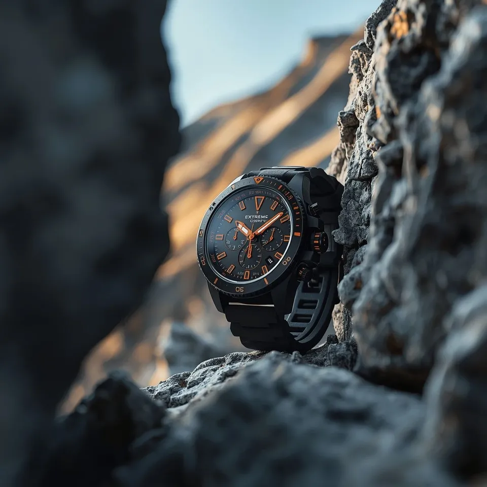 پرامپت محصول با نانو بنانا جمینای : A rugged, matte-black chronograph watch with… - ساخته‌شده با نانو بنانا جمینای