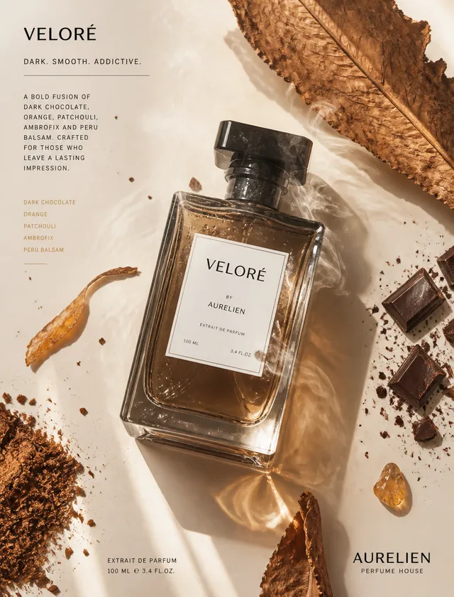 Subject & action
A premium glass perfume bottle centered in a minimalist editorial layout, surrounded by floating cocoa smoke and dried toba