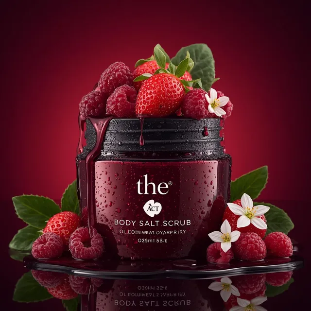 Use the uploaded image as the exact visual reference for jar design, label, strawberries, raspberries, flowers, leaves, condensation droplet
