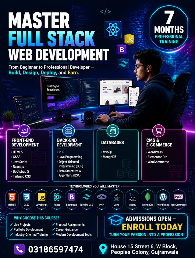 Create a premium educational institute advertisement poster.Canvas Size: 1490px × 1890px (Portrait)Title:
MASTER FULL STACK WEB DEVELOPMENTT