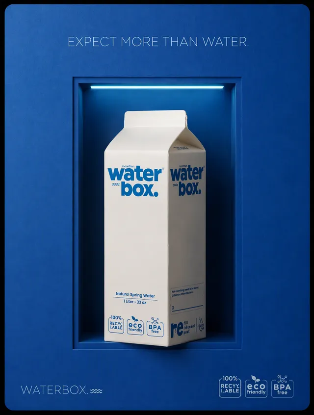 make a poster like this for my prodcut waterbox. typography should go like this "expect more than water"
