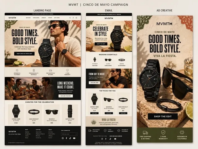 Create a premium presentation-style campaign board for MVMT’s Cinco de Mayo campaign on a soft warm neutral background.

At the top, add the