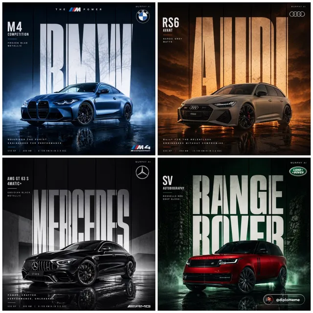 Cinematic automotive billboard poster, [CAR MODEL + VARIANT] in [PAINT COLOR + FINISH], parked center-frame, dominant stance, [CAMERA ANGLE 