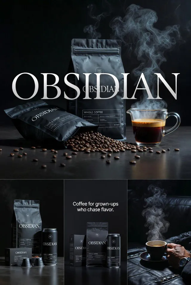 Create four connected premium realistic editorial images for OBSIDIAN coffee. Dark cinematic grown-up vibe like high-end sportswear or coffe