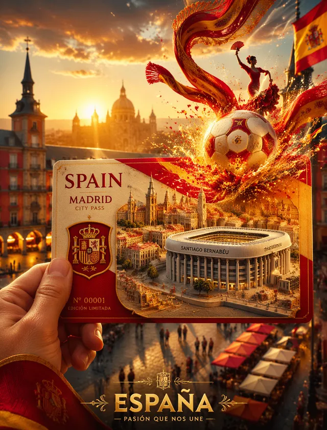 Spain Design a sunlit pass in red and yellow: hand holds a ceramic‑textured pass with Madrid diorama and Santiago Bernabéu. A ball erupts wi