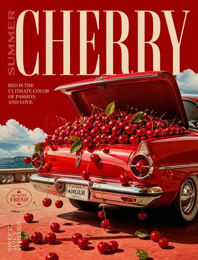 editorial poster  bold colors and surreal design. This visual of a vintage Red car overflowing with fresh cherries is perfect for summer moo
