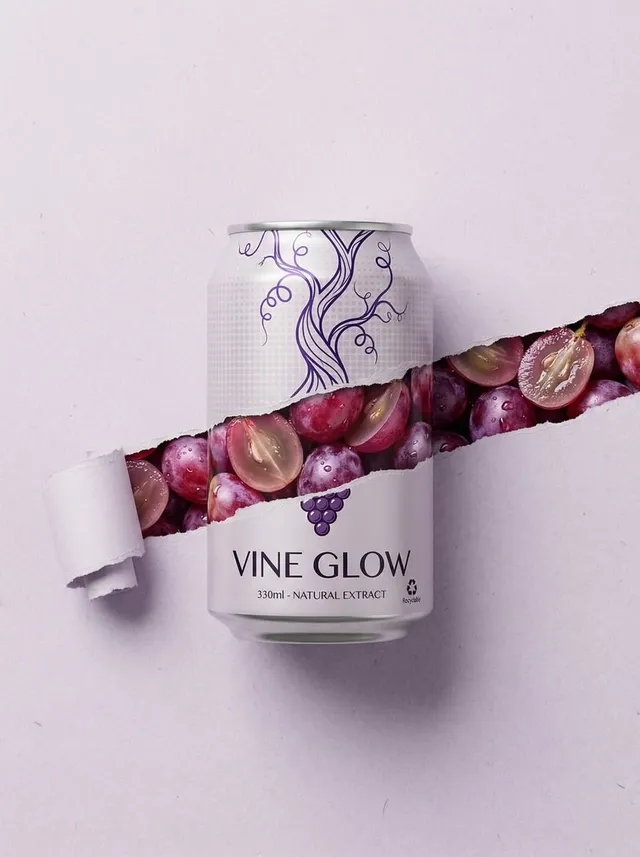 Grape Can – “Vine Glow”

Minimalist product photography of a 330ml aluminum can labeled “VINE GLOW – Natural Extract”, centered on a clean l