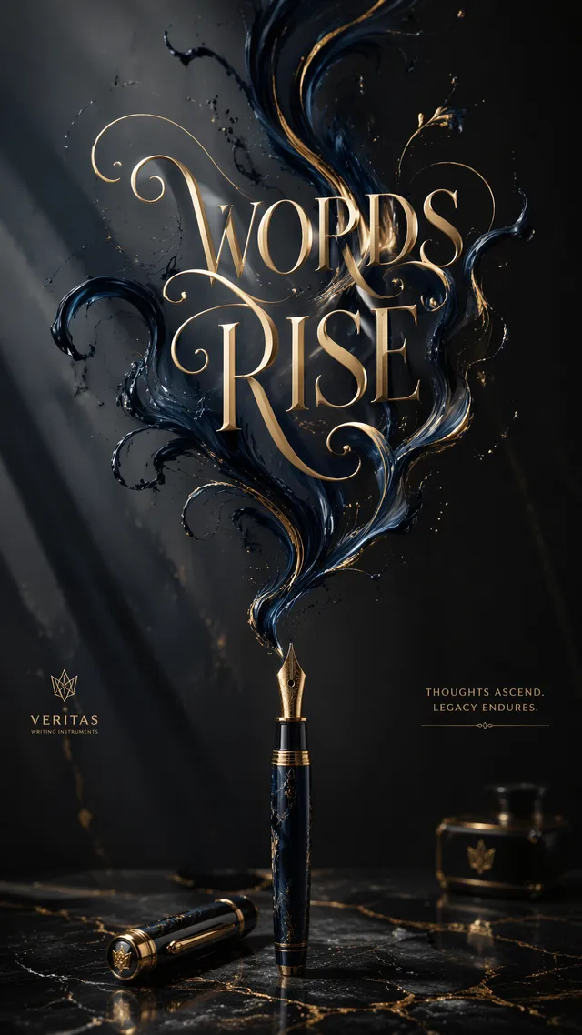 A premium 9:16 luxury stationery advertising poster.Main Subject:A premium fountain pen.The ink flows upward into the air instead of downwar