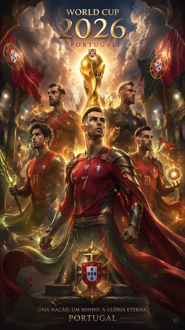 League of Legends StyleVertical 9:16 poster of World Cup 2026, Portugal national team as heroic fantasy champions, magical glowing stadium, 