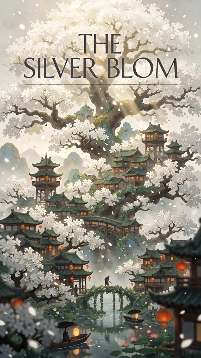 远景微俯竖版构图，巨型白色花树贯通画幅垂直中轴，枝干如苍老山脉绵延，满树雪白硕大花朵如覆雪般覆满枝头。东方聚落沿巨枝层叠生长，青瓦飞檐楼阁、观景塔、吊脚民居、廊桥与藤桥错落其间，檐下朱红灯笼暖光点缀。密集白色花瓣如雪雨飘落，近锐远虚形成散景层次，呈现近锐中实远雾三层空气透视纵深；