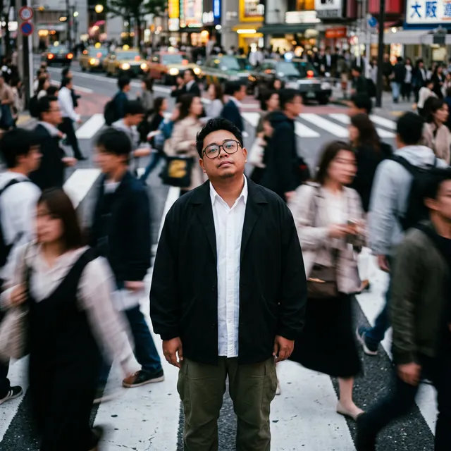 Cinematic street photography capturing a moment in motion with a crowd blur effect. Overhead portrait of me standing still on a crosswalk, w