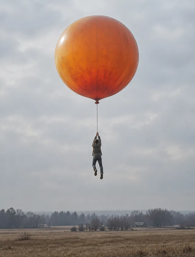 A surreal solitary figure hangs suspended beneath a massive spherical orange balloon, gripping a narrow tether as their legs trail downward 