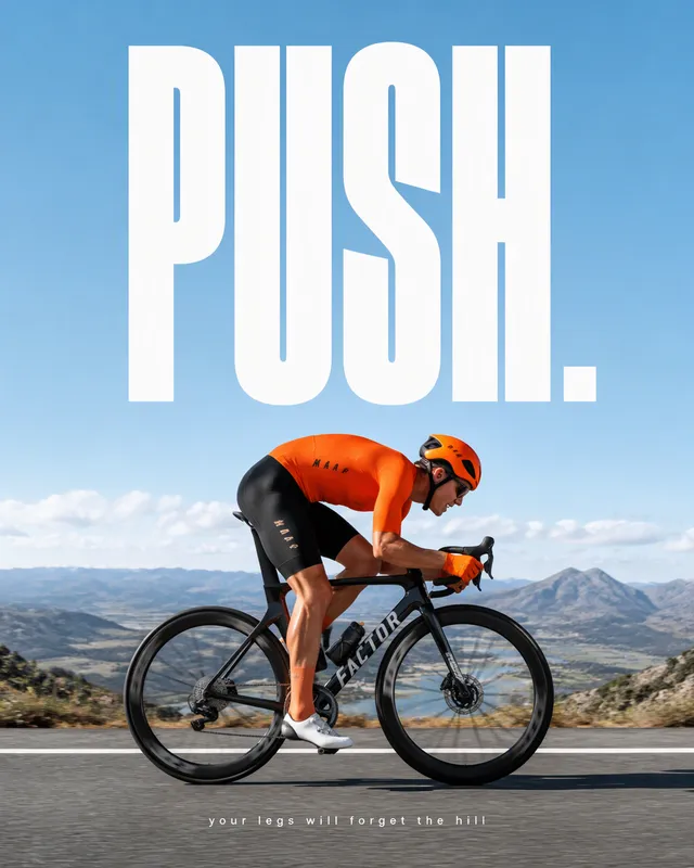 Minimal sports poster. A road cyclist in full aerodynamic position — helmet, skinsuit, hands in the drops — is photographed from the side in