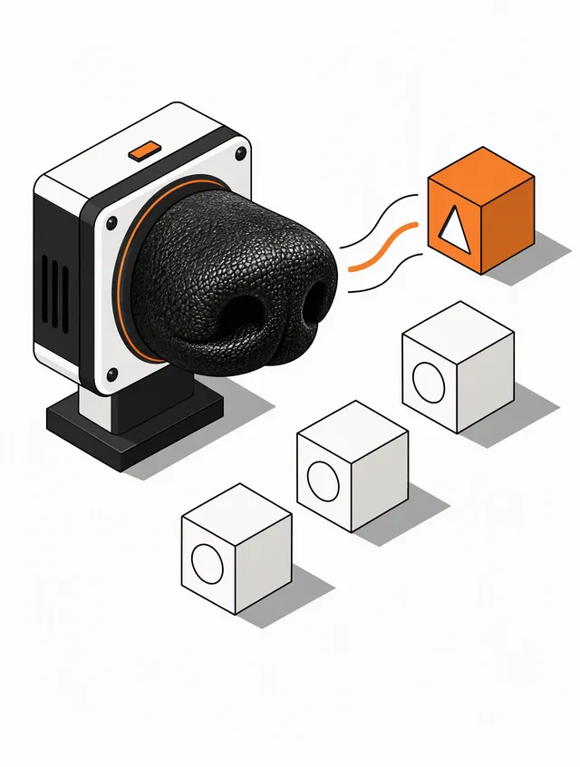 Humorous sophisticated editorial illustration: "AI detection nose." Oversized anatomically recognizable black dog nose integrated into a com