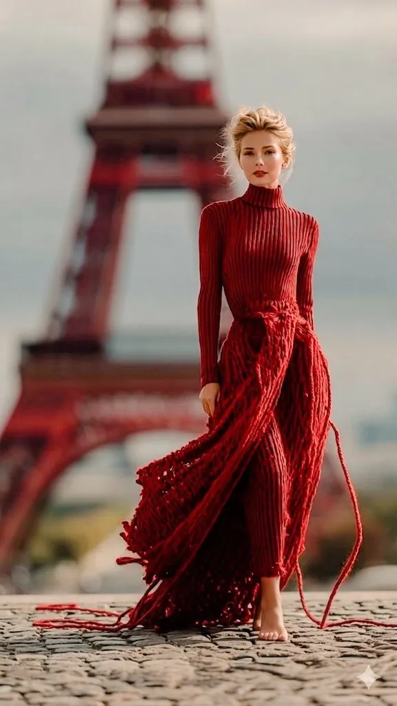 The Eiffel Tower is wrapped in an unreal, surreal layer of vibrant red yarn, as if Paris has been softly entangled in thread. The scene is l