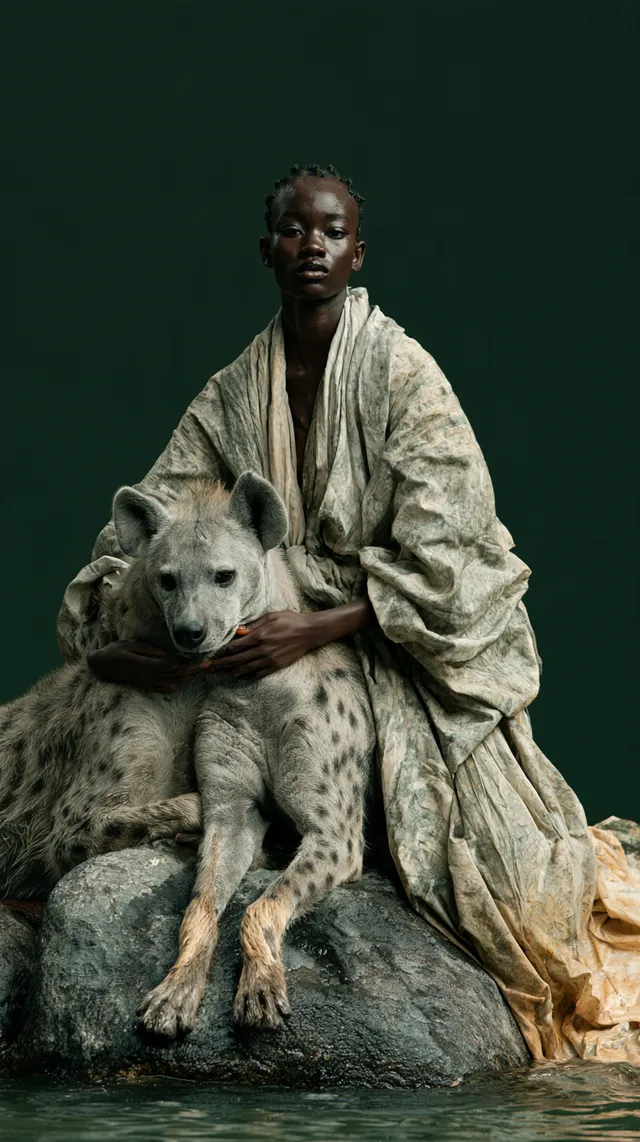 Fotografia editorial. Estetica de portada de la Danza Butoh con estilo de vogue. Modelo africana femenina joven. Sentado en un monticulo de 