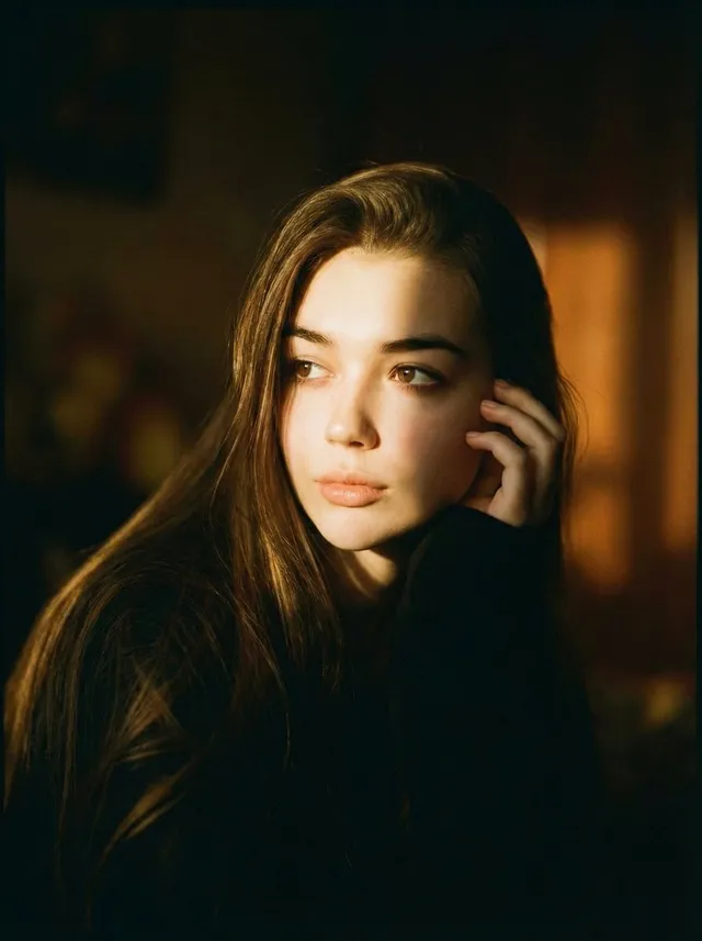 A cinematic portrait of a person is sitting in soft dramatic lighting. The face is partly lit with warm golden sunlight coming from the side