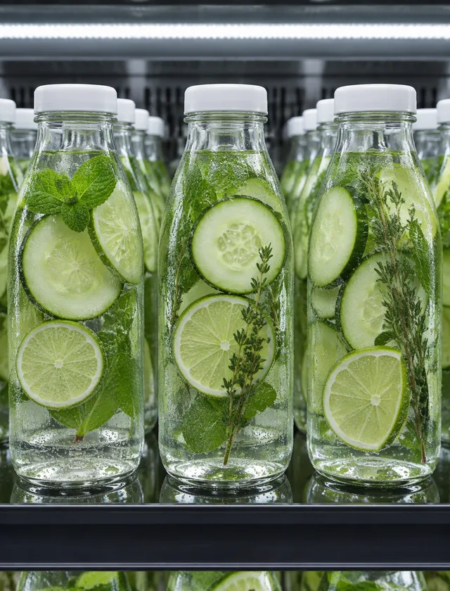 Rows of clear glass bottles filled with chilled water, cucumber slices, lime rounds, and delicate green herbs stand tightly arranged on a re
