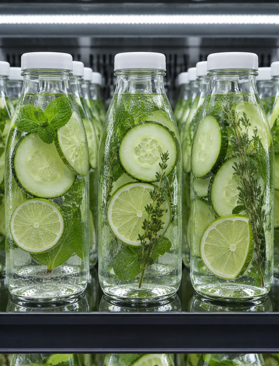 پرامپت پس‌زمینه با چت جی پی تی GPT Image : Rows of clear glass bottles filled with… - ساخته‌شده با چت جی پی تی GPT Image